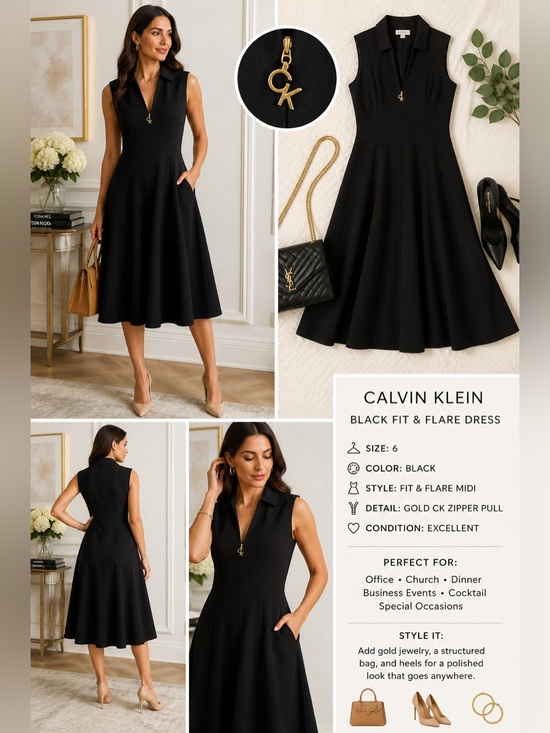 Calvin Klein Dresses & Skirts - Calvin Klein Black Sleeveless Fit & Flare Midi Dress Gold CK Zip Size 6